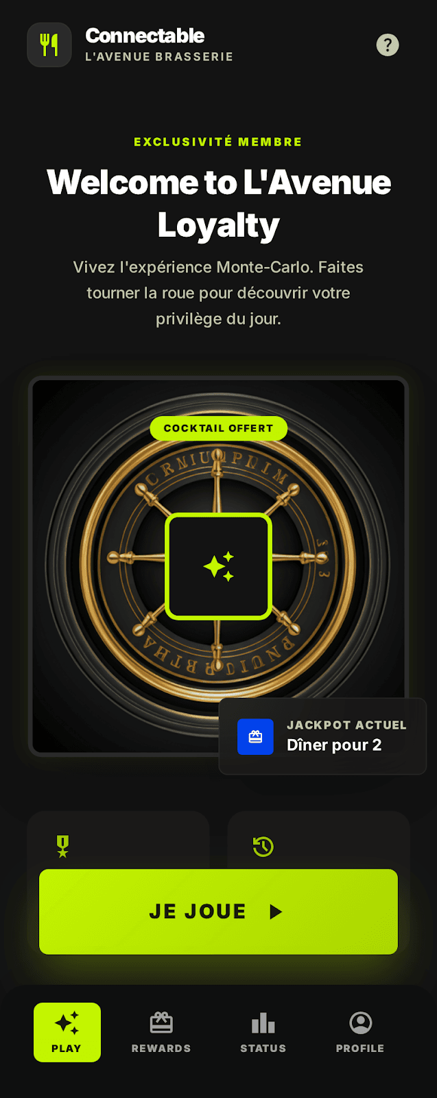 Landing venue consumer avec QR et roue de la fortune