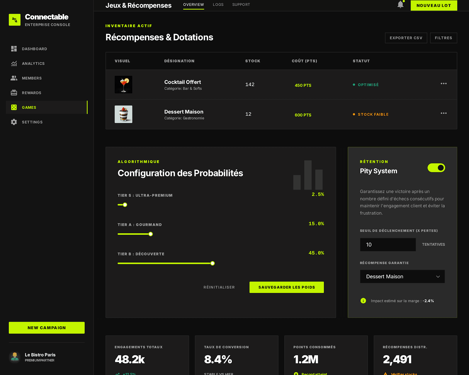 Dashboard manager : jeux et catalogue de récompenses