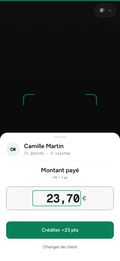 Saisie du montant payé après le scan d'un membre