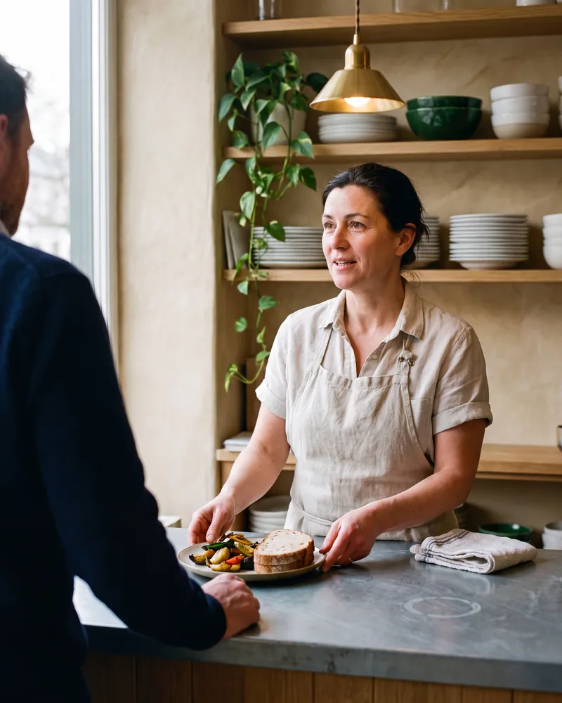 Photo générée par IA : une restauratrice sert une assiette au comptoir à un client vu de dos